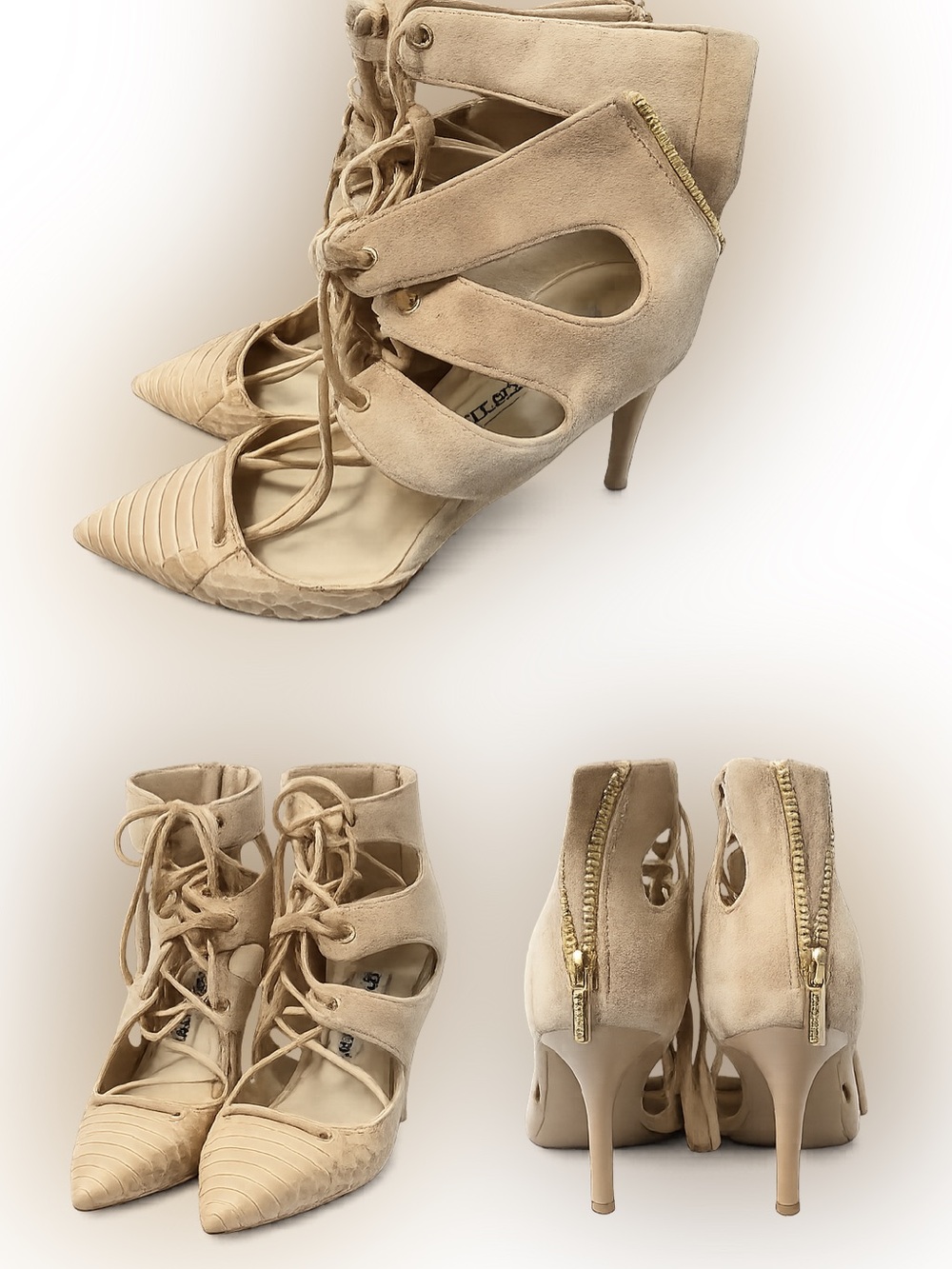Karl Lagerfeld Paris Beige Lace-Up Pointed-Toe High Heels